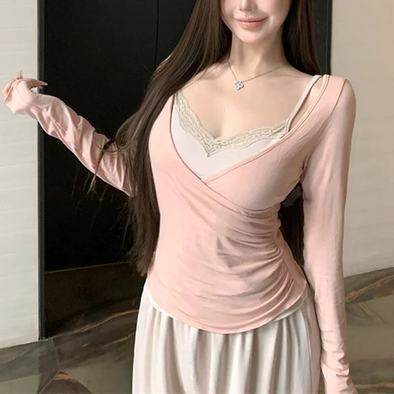 2026 New Lady T-shirts V-neck T-shirts Women Fashion Ruched Designer Tops Female Korean Thin Long Sleeve Clothes