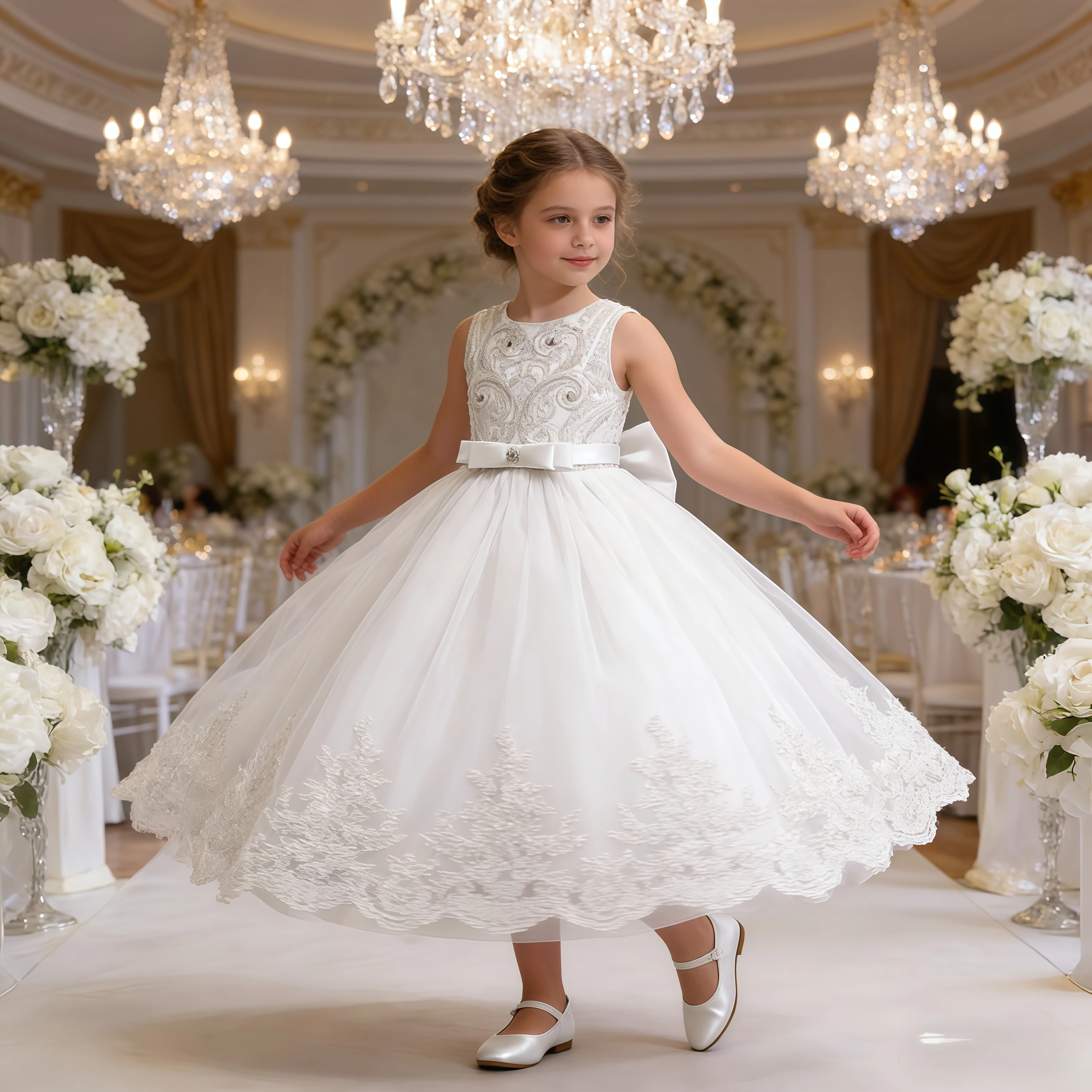 

Elegant White Beading Embroidery Lace Mesh Princess Dress For Girls Wedding Birthday Party Ball Gown Formal Evening Clothing