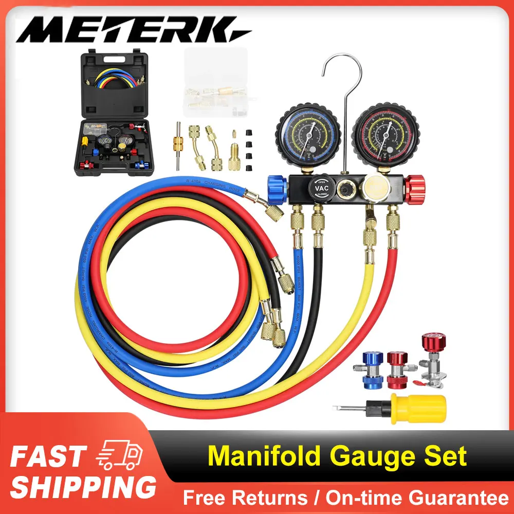 Manifold Gauge Set Air Conditioning Refrigerant Charging Tool 4-Way Dual-Value Pressure Gauge with 5ft Hose Brass Quick Coupler