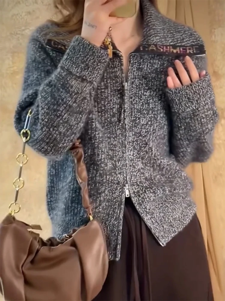 

Корейский элегантный вязаный кардиган с воротником-пэчворк, осенне-зимняя новинка, большие размеры, универсальный топ для повседневной носки