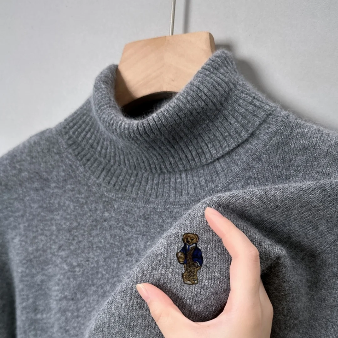 

Новая горячая распродажа, брендовый мужской шерстяной свитер, водолазка, утепленный пуловер с вышивкой медведя, зимняя повседневная модная теплая мягкая трендовая мужская одежда