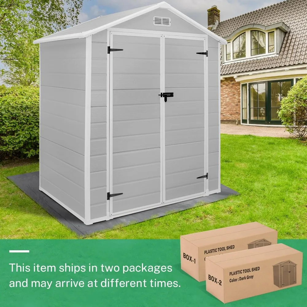 4.4FT Outdoor Resin Shed with Reinforced Floor, All-Weather Plastic Shed with Lockable Door, Window & Vents, Garden Tool Sheds