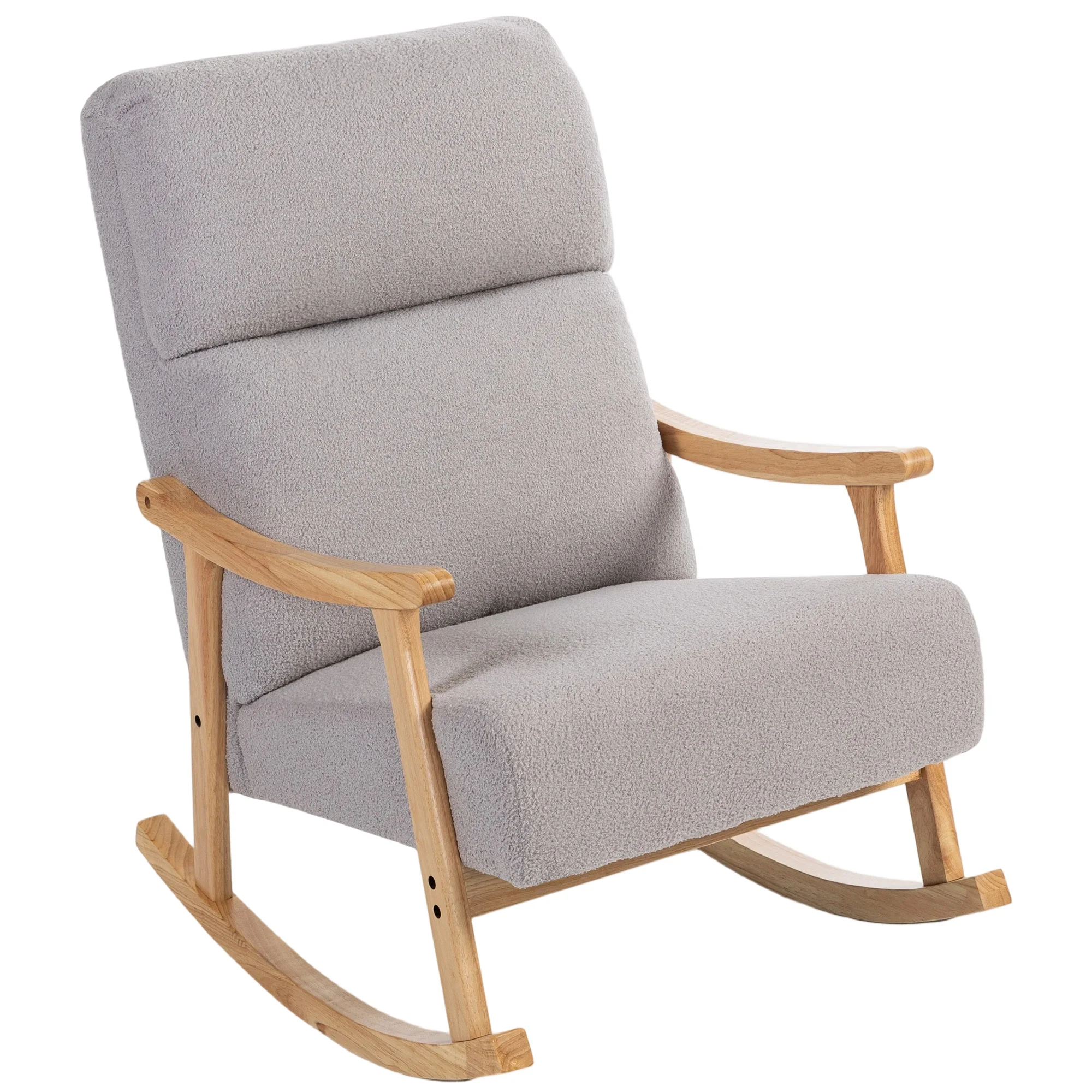 HOMCOM Silla Mecedora de Borreguito Moderna, Mecedora con Patas y Reposabrazos de Madera de Caucho, Respaldo Alto, Carga 120 kg, para Dormitorio, Salón