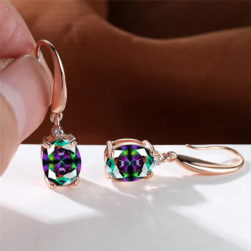 Aqua Blue Zircon Long Dangle Earrings Rainbow Crystal Oval Stone Drop Earrings Trendy Rose Gold Color Wedding Earrings For Women