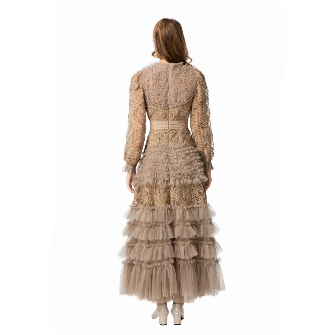 Abiti da donna o collo manica lunga in pizzo e tulle multistrato alla caviglia maxi abiti da ballo per feste