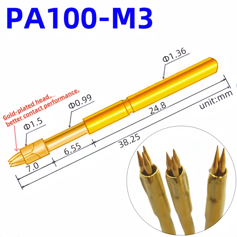 

20/100PCS PA100-M3 Spring Test Probe Test Pin Pogo Pin P100-M3 PCB Test Tool 1.50/0.99/1.36/38.35mm Gold Needle tricusp Tip