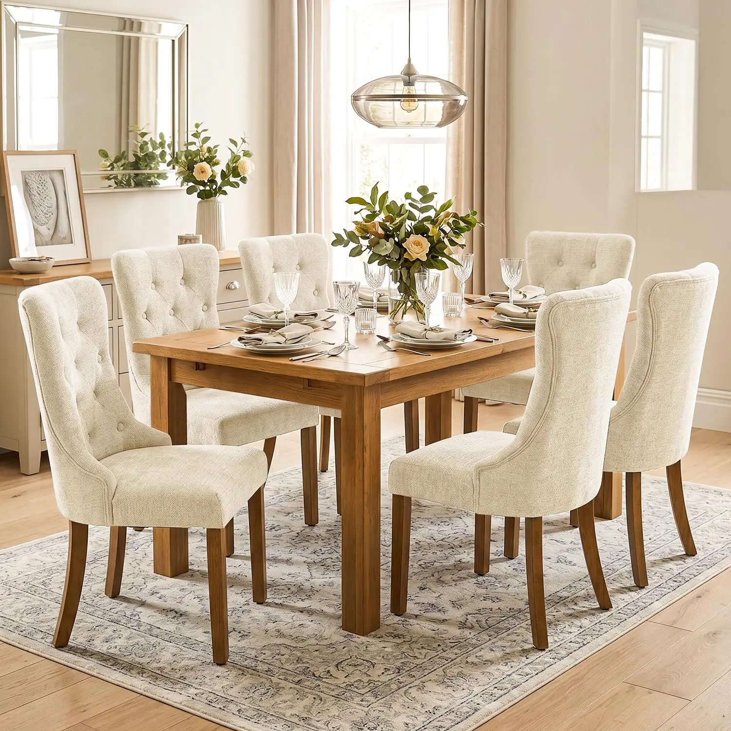 Wingback Dining Chair Set 6, Tufted Upholstered Kitchen Chair with Wood Legs, Farmhouse High Back Accent Customized