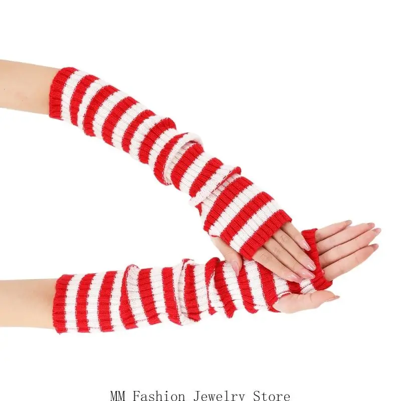 D0UB Mode gestreifte halbe Fingerhandschuhe gestrickte Manschetten kaltes Wetteraktivität