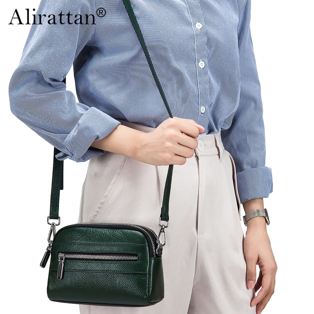 

Alirattan 2023 New Genuine Leather Women's Bag Soft Leather Double Layer Mobile Phone Bag Cowhide Diagonal Straddle Shoulder Bag