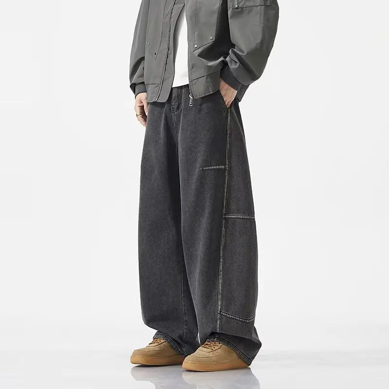 

American High Street Woven Denim Jeans Men's Spring Autumn Loose Straight Casual Pants mid Waist Wide Leg Cotton Polyester