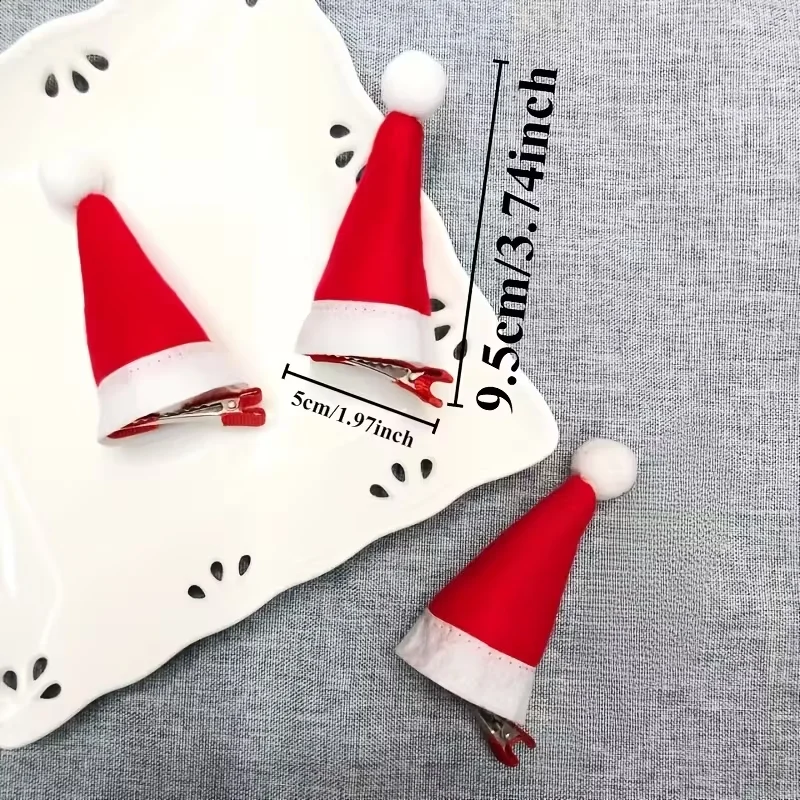 6 دبابيس شعر صغيرة على شكل قبعة سانتا كلوز لموسم العطلة، دبابيس شعر بحافة قطيفة ثلاثية الأبعاد، إكسسوارات شعر عيد الميلاد الخالية من الريش