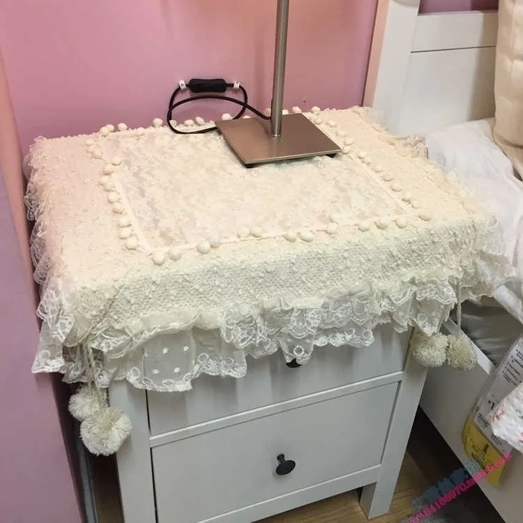 Korean Lace Bedside Table Cover Dining Table Mat Fabric Round Tablecloth Refrigerator Cover Cloth Coffee Pink Fluffy Ball