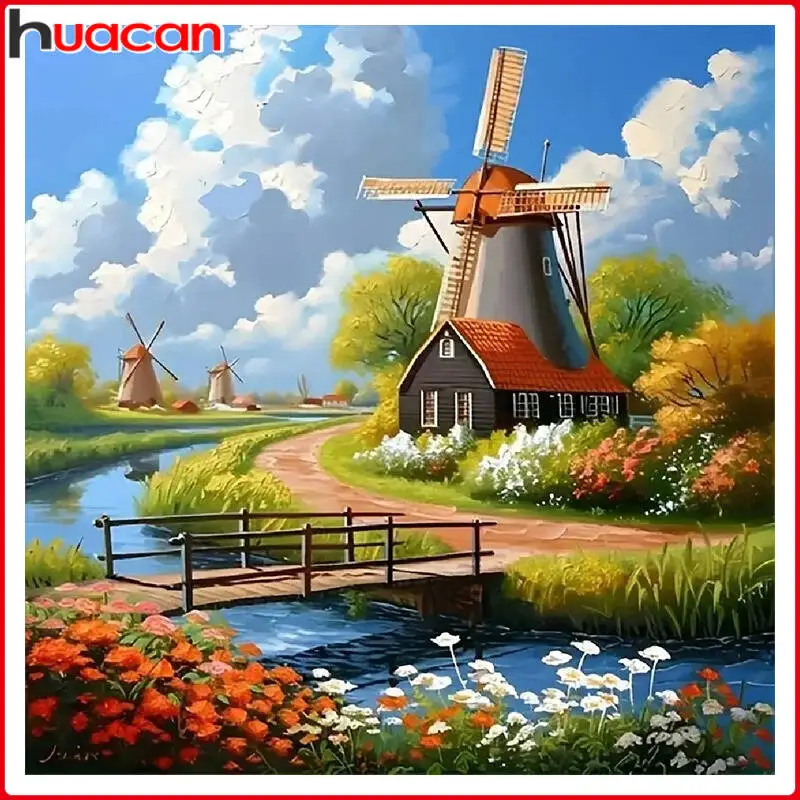 Huacan Square Round Drill 5D Diamond Painting Countryside Windmill Landscape Diy Embroidery Home Decor