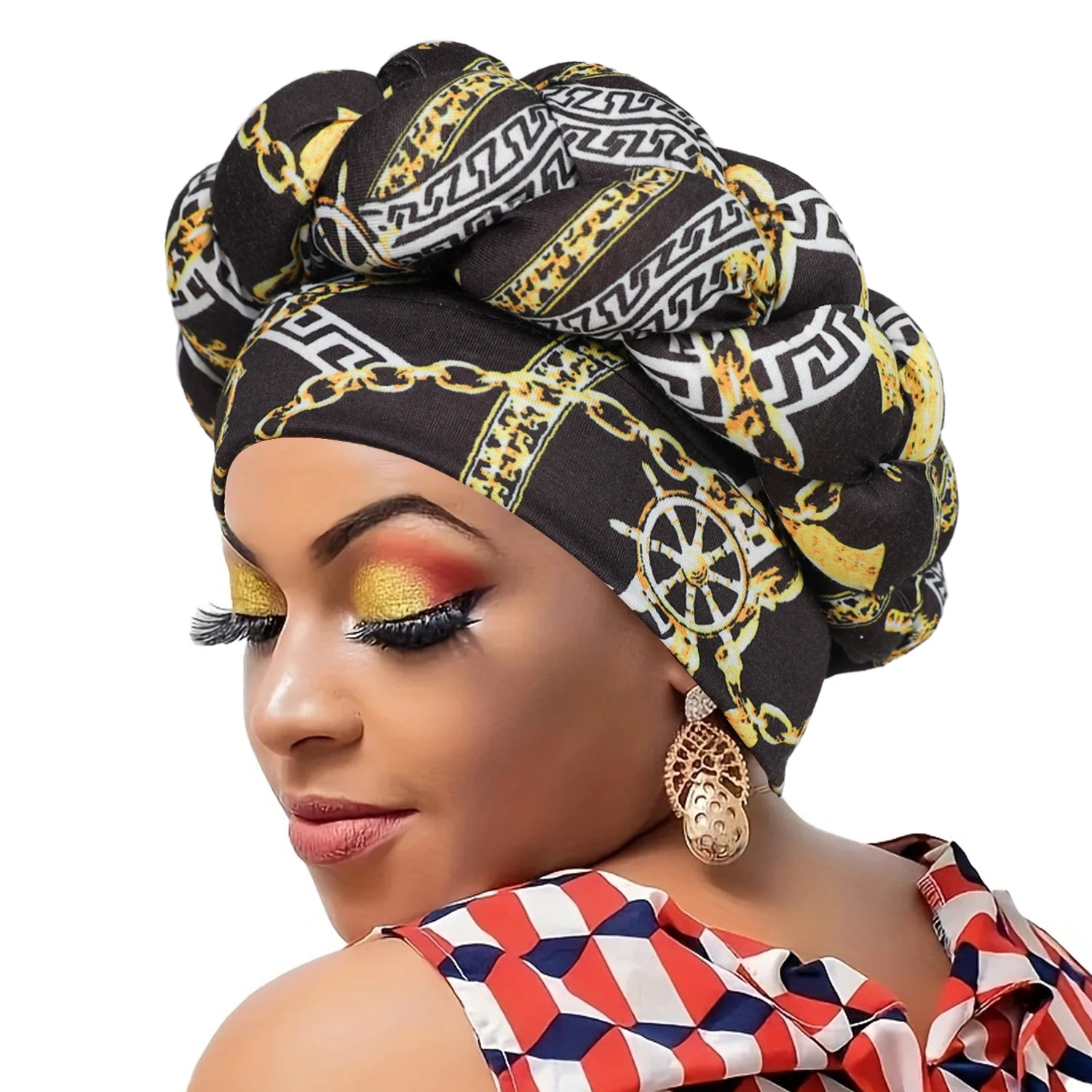 African Big Braid Pre-tied Turban Cap Printing Classic Head Wrap Elastic Bonnet Beanie Chemo Hats For Women