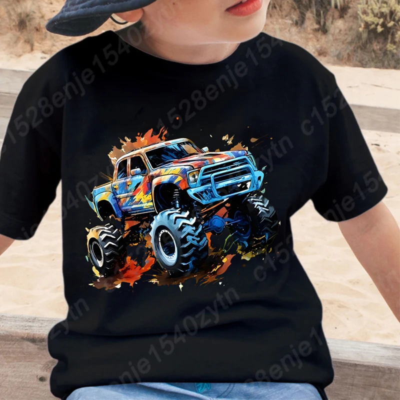 Cartoon Car Graphic Short Sleeve Crew Neck T-Shirt for Boys, Trendy Summer Casual Tee Gift