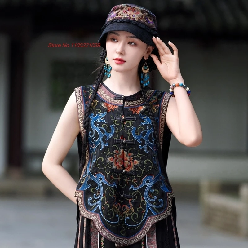 

2024 chinese vintage vest oriental traditional satin jacquard o-neck vest national flower embroidery vest sleeveless jacket