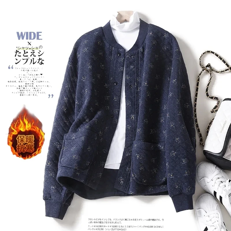 Damen Neue Herbst Und Winter Warme Baumwolle Gefütterte Jacke Mantel Blumenmuster Baumwolle Single-Breas Tasche Rundhals Uniform mantel