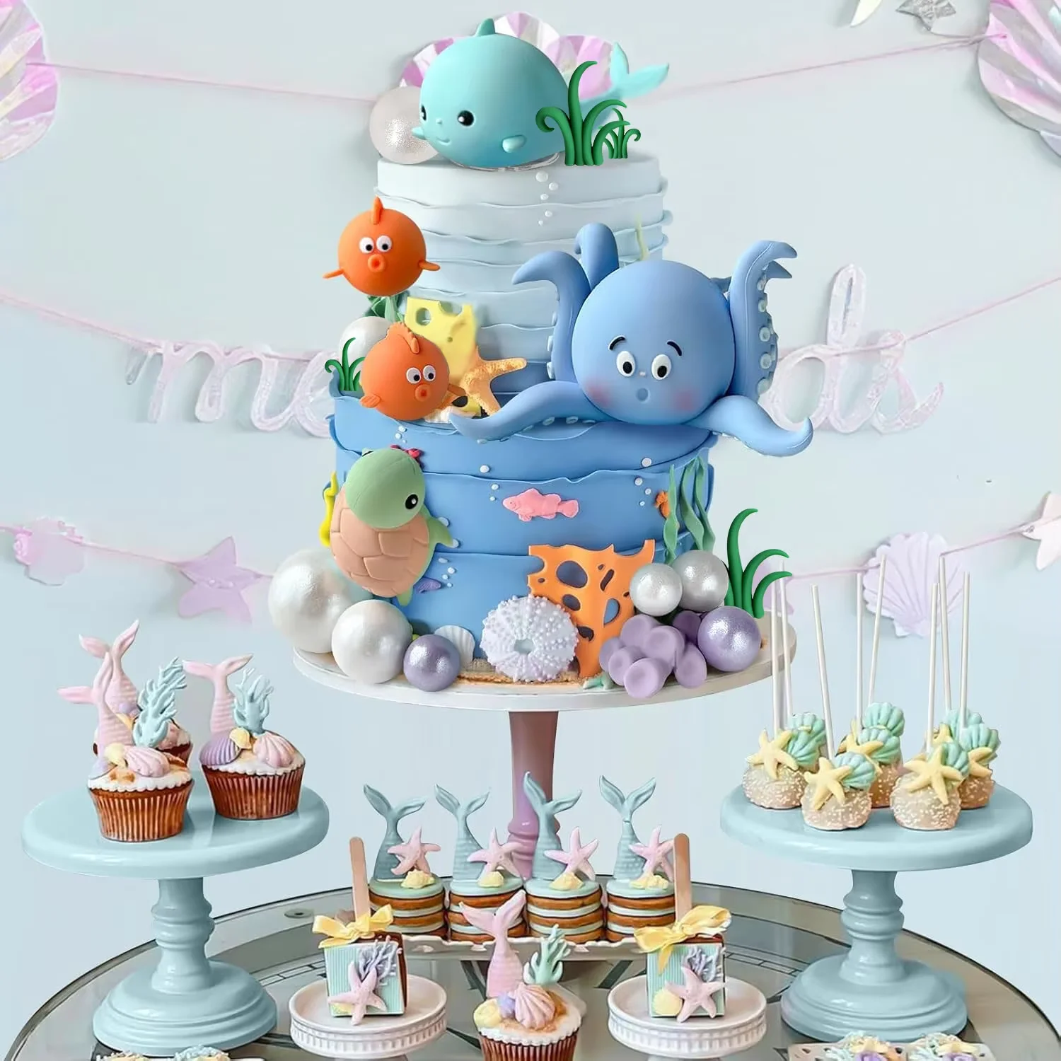 Decorazioni per torte sotto il mare Topper per torte con animali dell'oceano con palline per torte Decorazioni per feste di compleanno con doccia a tema mare