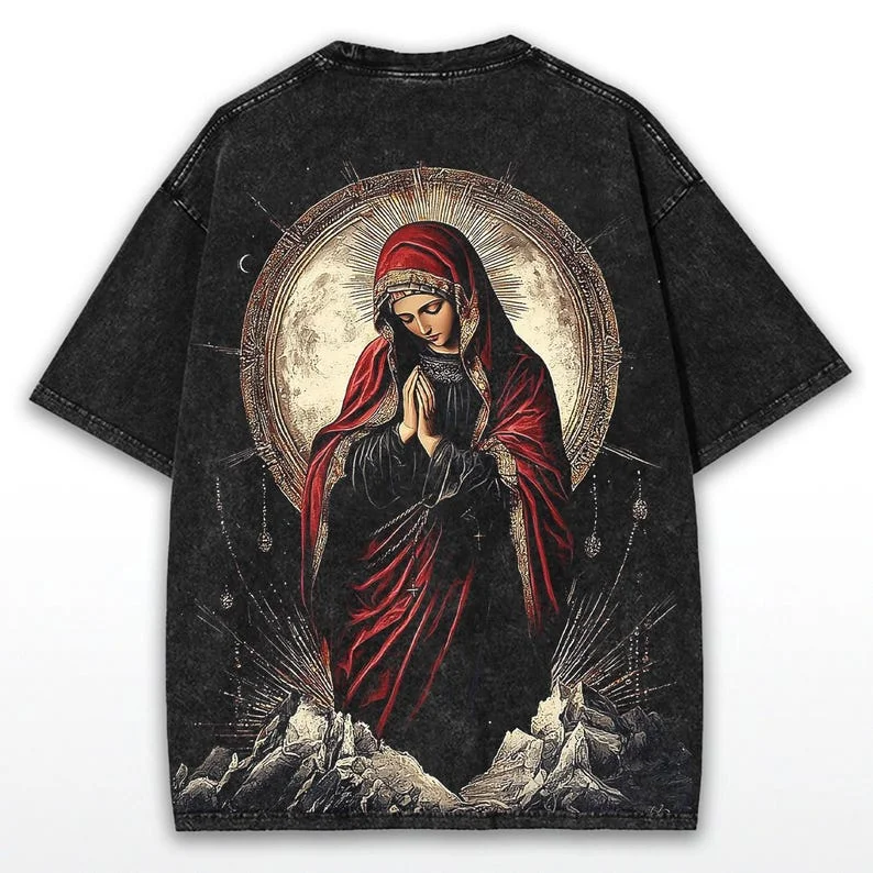 

Футболка Sacred Heart Девы Марии: винтажная стираная черная рубашка Faithcore, уличная одежда, индивидуальная одежда для отдыха, высокое качество в стиле ретро