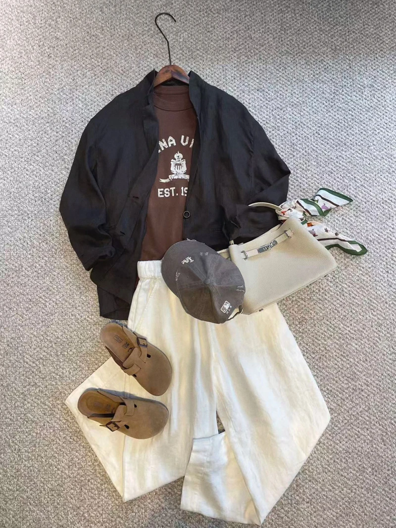 

Cuijia High Thread Count Linen Spin Casual Tailored Suit Heavy Sand Washed Turn down Collar Loose Fit Women's Spring Coat