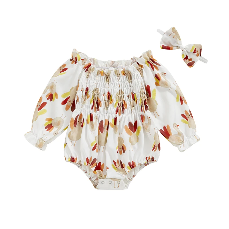 

Baby Girls Thanksgiving Jumpsuits Turkey Print Long Sleeve Romper and Cute Headband Set for Toddler 2 Piece Outfits