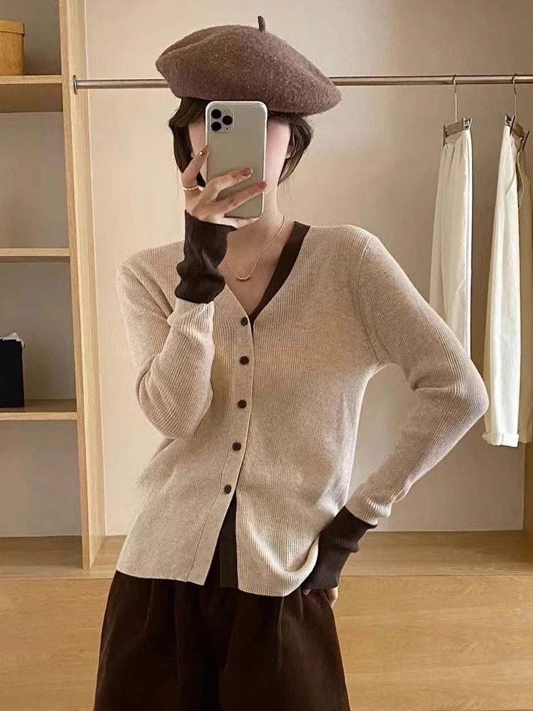 Color Block V-Neck Long Sleeve Knitted Open Cardigan Autumn Elegantly Mature Single Button Sweater Korean Style Slimming Top