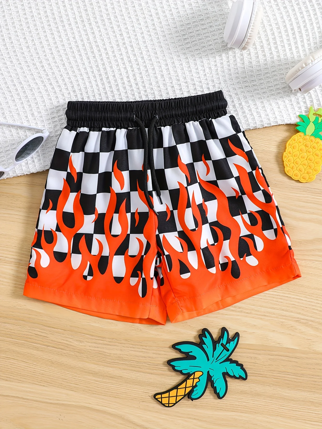 Boy\'s Blue Fire Pattern Swim Trunks Elastic Waist Drawstring Beach Shorts For Boy Casual Short Pants Summer Clothes For Kids