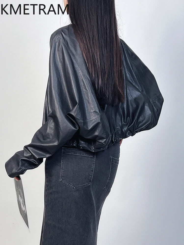 100% シープスキンジャケット女性バットウィングスリーブ黒ショート本革ジャケット女性新アウター秋服 2025 кожанка