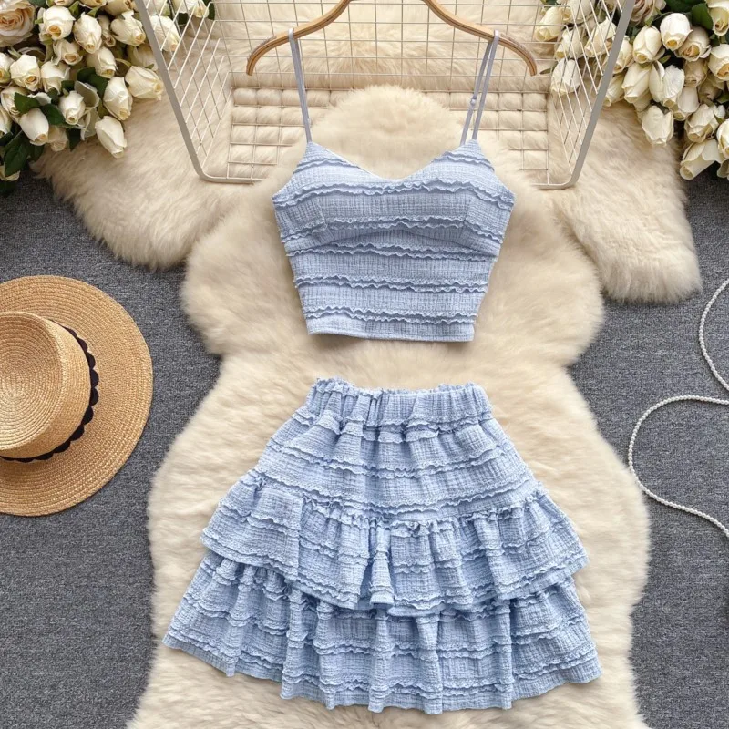 Fashion New Women Summer Solid Chic Skirts Suit Sleeveless Tanks Tops Pleated Mini Skirts Two Pieces Set Female Outfits Clothes