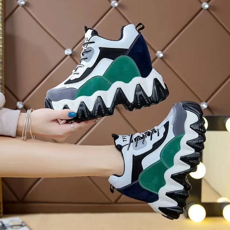 Platform Sneakers Women Suede Leather Patchwork Fabric Round Toe Mixed Color LaceUp Chunky Sole Ladies Trainers zapatos de mujer