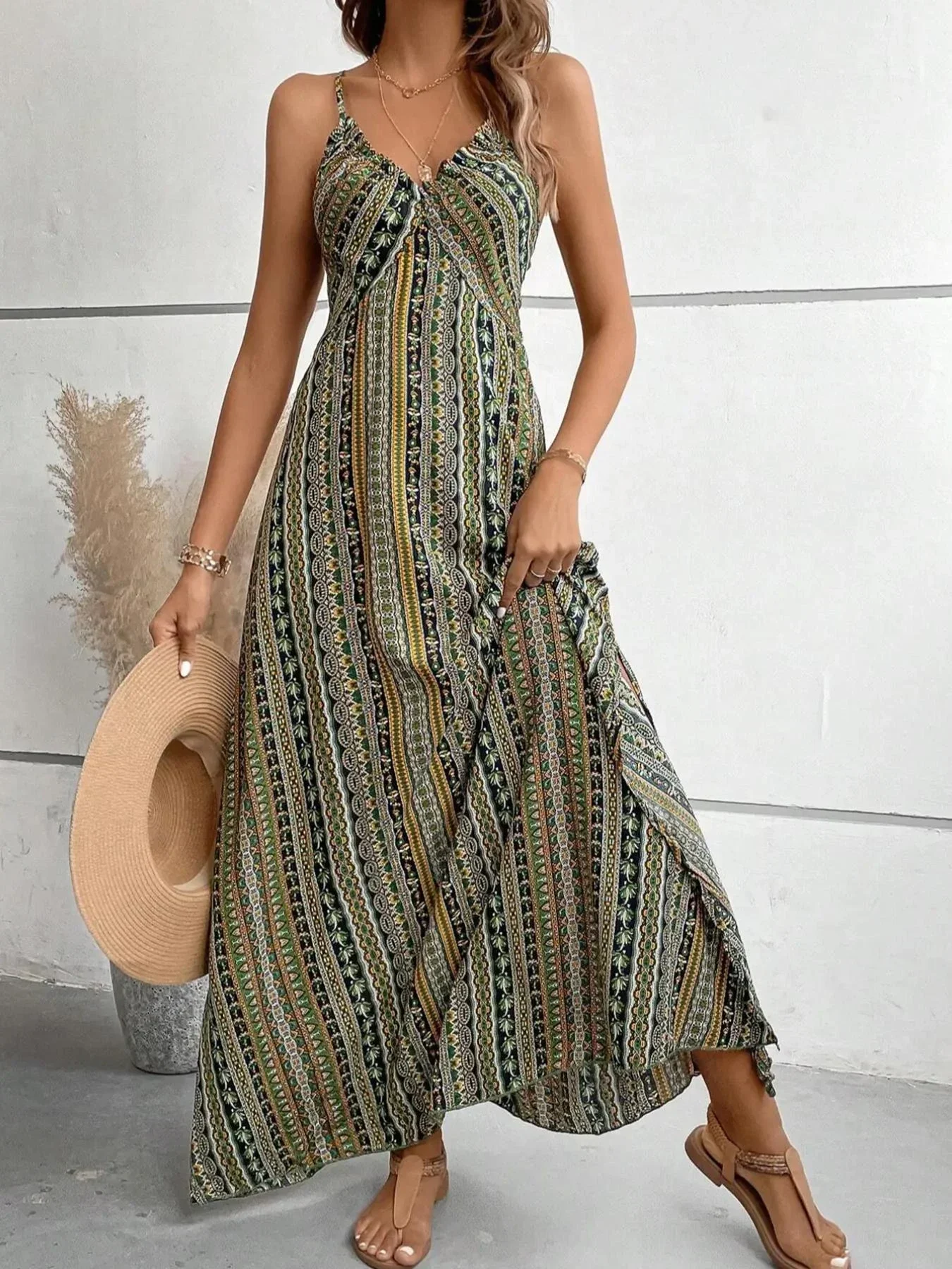 Women's Casual Printed Slit Dress Fashionable and Versatile V-neck Camisole Long Dress Slim and Elegant Long Dress