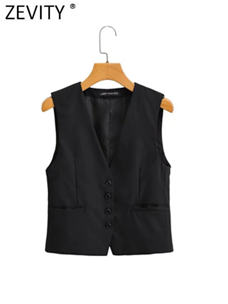 Zevity Women Fashion V Neck Single Breasted Pockets Slim Vest Jacket Ladies Sleeveless Casual Business WaistCoat Tops CT1117