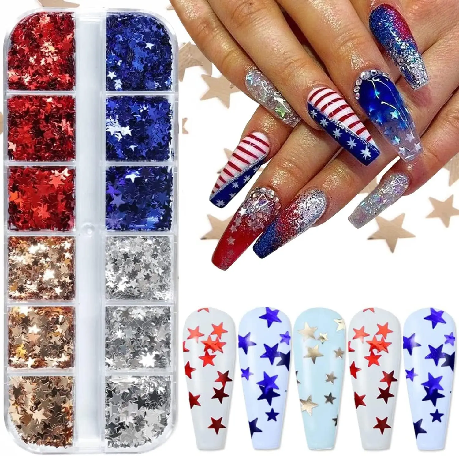 

12-Slot Box with 4-Color Star Glitter, Nail Art Supplies for Girls - Shiny DIY Nail Decoration Sparkles