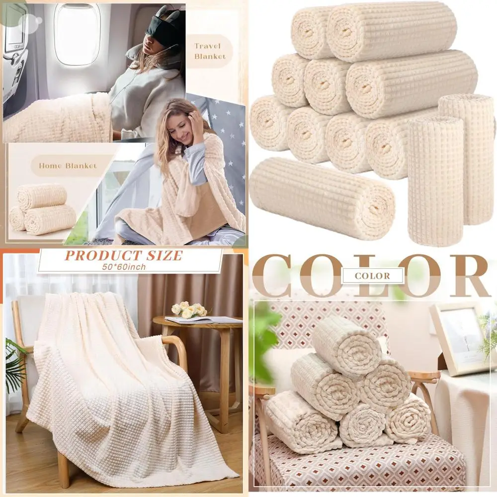 

12-Pack 50x60 Inch Flannel Fleece Blankets, 3D Jacquard Grid, Soft for Home and Donations (Ivory)