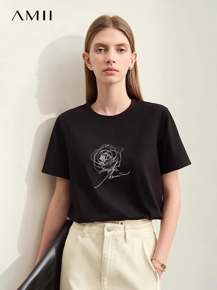 Amii Minimalism 2024 Short-sleeve T-shirts for Women Summer New Casual O-Neck Rose Letters Embroidery Loose Basics Tops 12452033