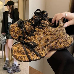 Fashion Leopard Print Sneakers Women Platform Full of Diamonds Sparkling Casual Trainers Ladies Sneaker Double Lacing Brown Shoe