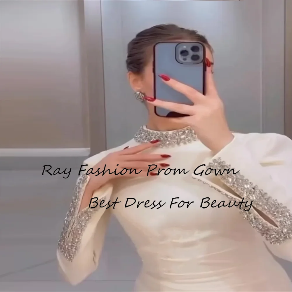 Ray Fashion Mermaid Evening Dress Satin High Neck With Long Sleeves Crystal For Formal Occasion فساتين سهرة Saudi Arabia