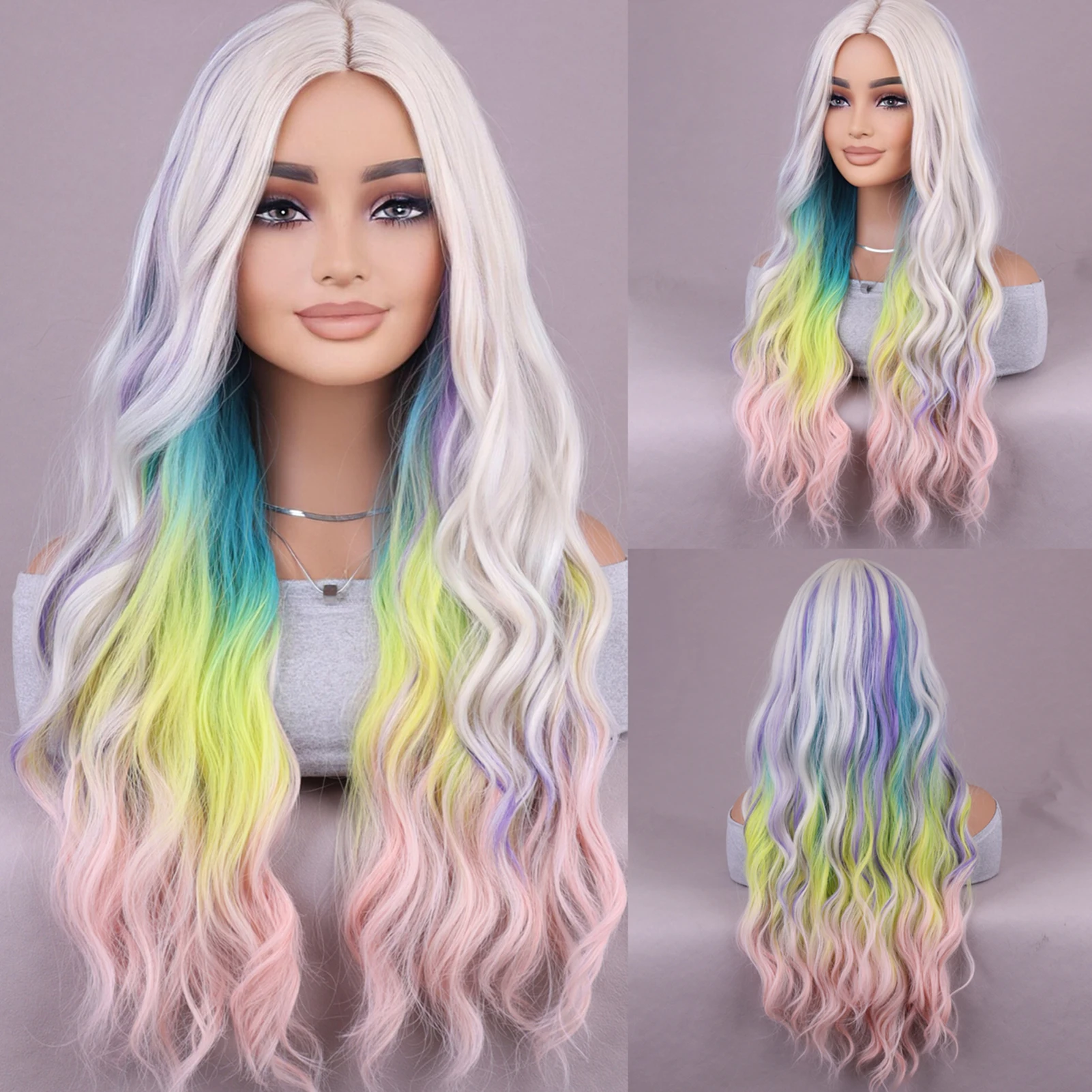 28 Inch Wavy Gradient Cosplay Wigs Long Curly Wrap Natural Hair Extensions For Cosplay Costume Accessories Cosplay Wig