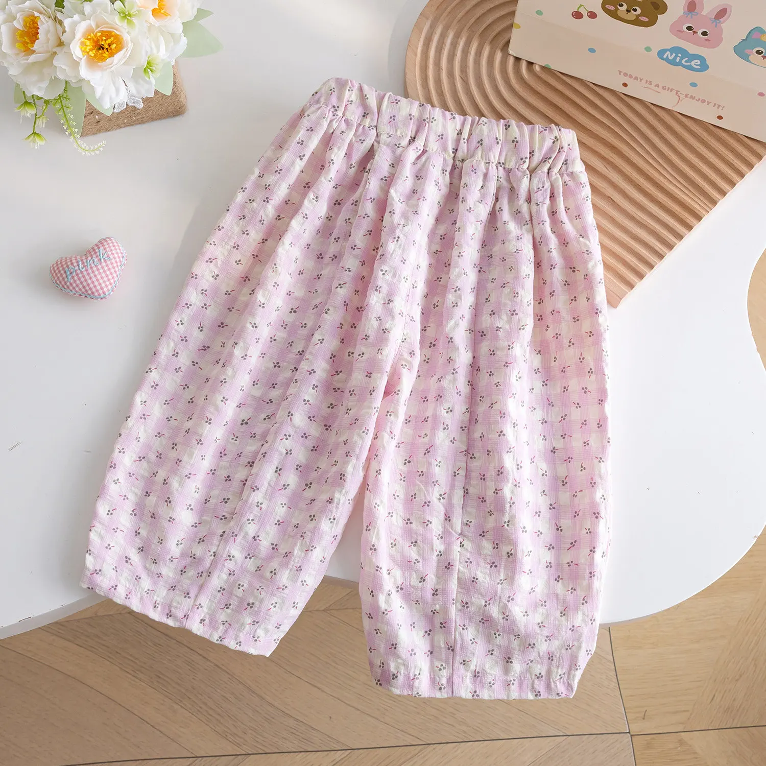 Summer New Baby Girl's Floral Lantern Pants Fashion Thin Mosquito Resistant Trousers Pink High Waist Loose Ankle-length Pants