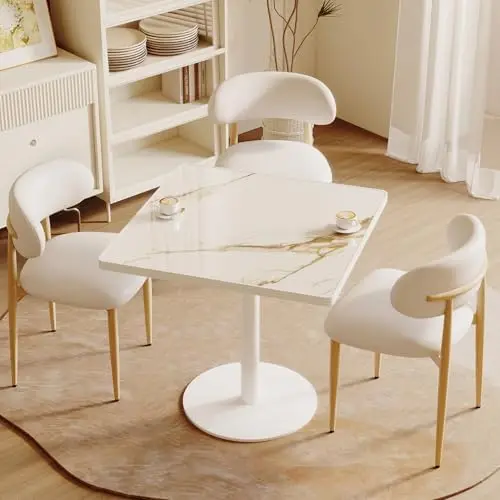 31.5'' Tulip Table, Square Pedestal Dining Table with Sintered Stone Tabletop, White Aluminum Alloy Edge & Base, Bistro
