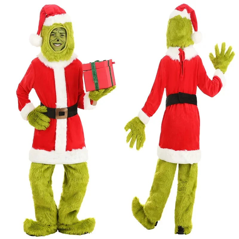 Kostüm Weihnachtsmann-Anzug für Erwachsene, Herren und Damen, 8 Stück, Deluxe, pelzig, grün, Riesenmonster, Kind, Halloween-Outfit, Urlaub, Cosplay