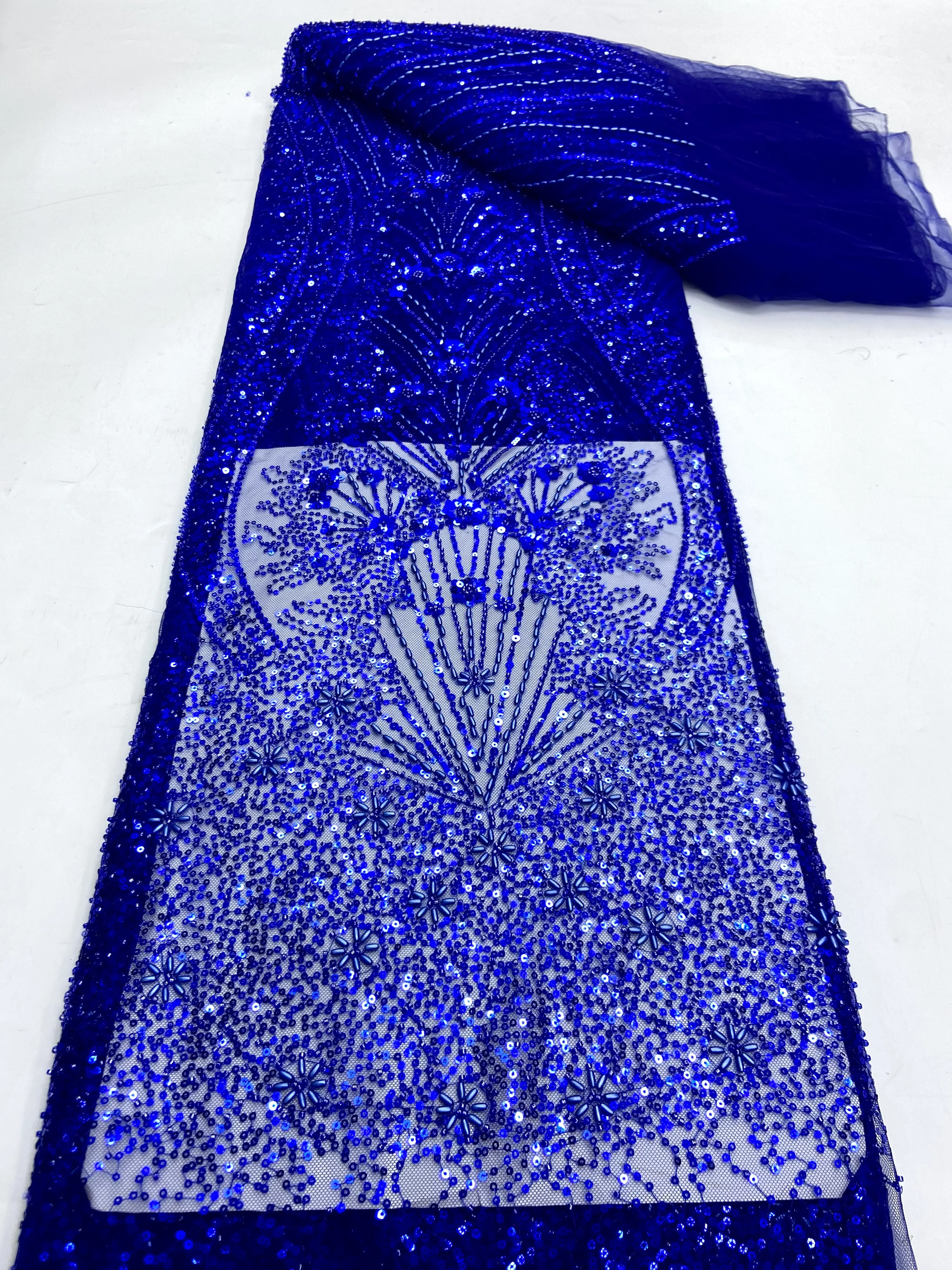 

Tatest African Handmade Beaded Tulle Lace Fabric Nigerian Luxury Heavy Sequins Mesh Lace Fabric For Women Birthday Dress Sewing
