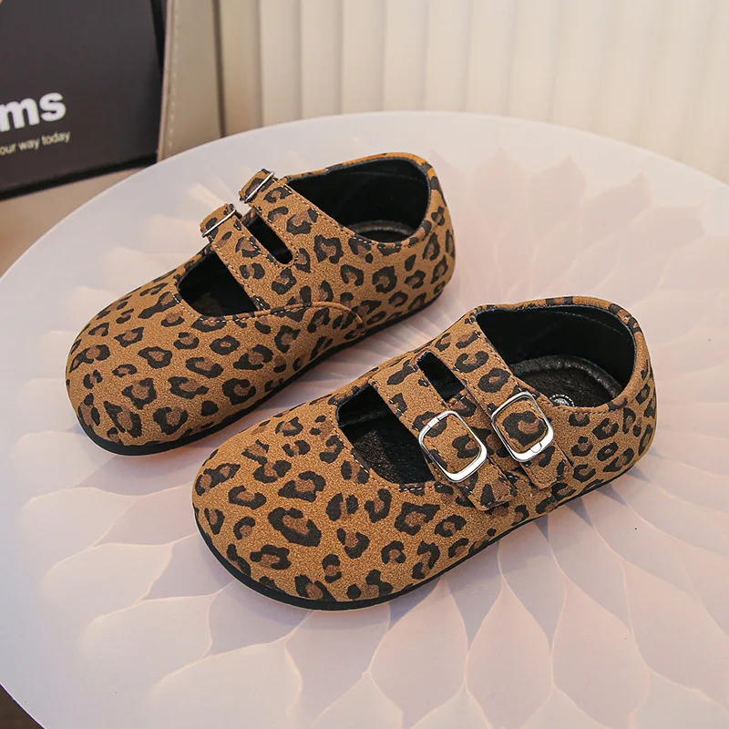 Kids Baby Girls Shoes Fashion Vintage Leopard Print Flat Single Shoes Cute Princess Ballet Mary Janes Shoes Anti-slip Large Size