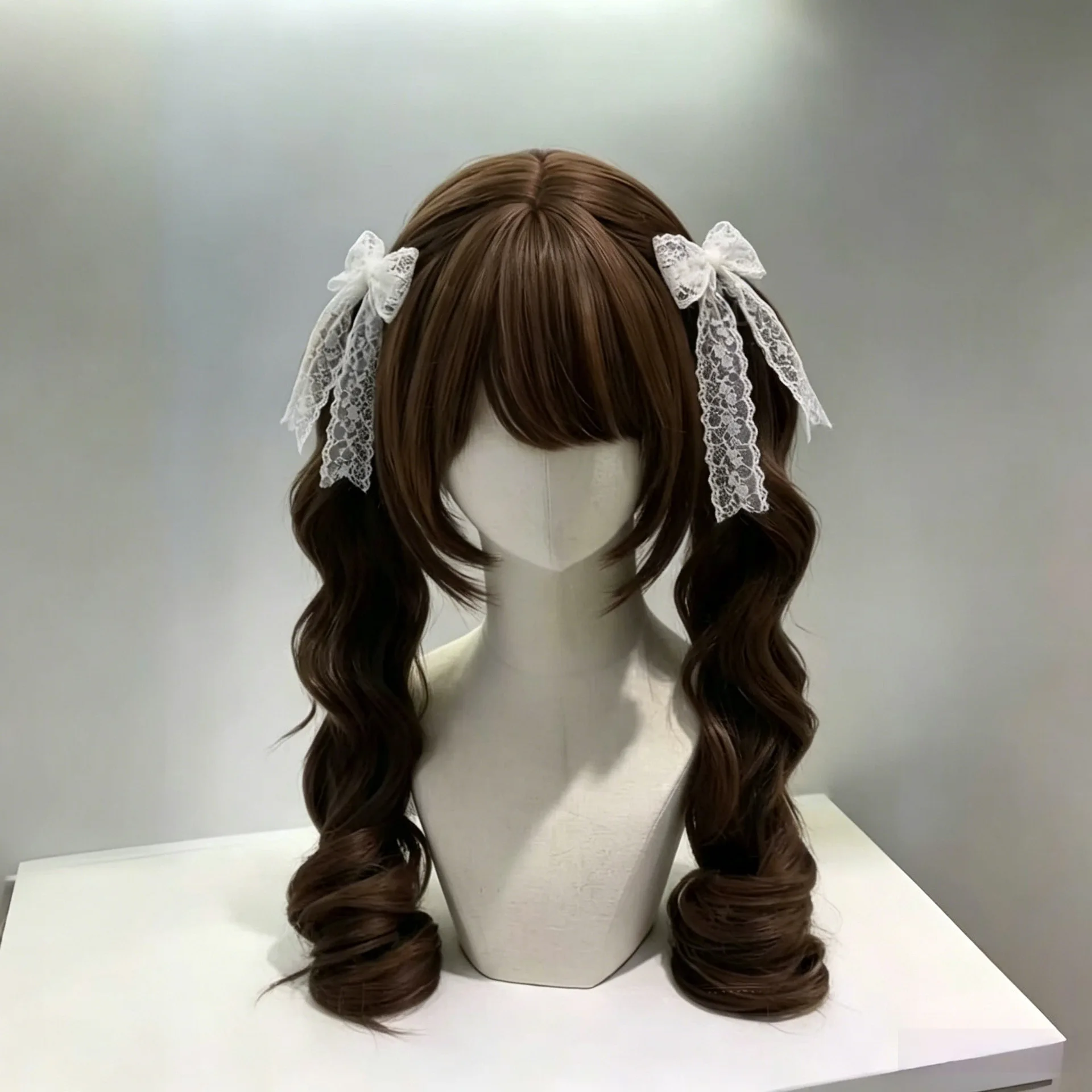 Sweet Girl Brown Long Curly Double Ponytail Wig With Fringe Kawaii Apple Hair Accessories Synthetic Lace Wig For Cosplay Costume