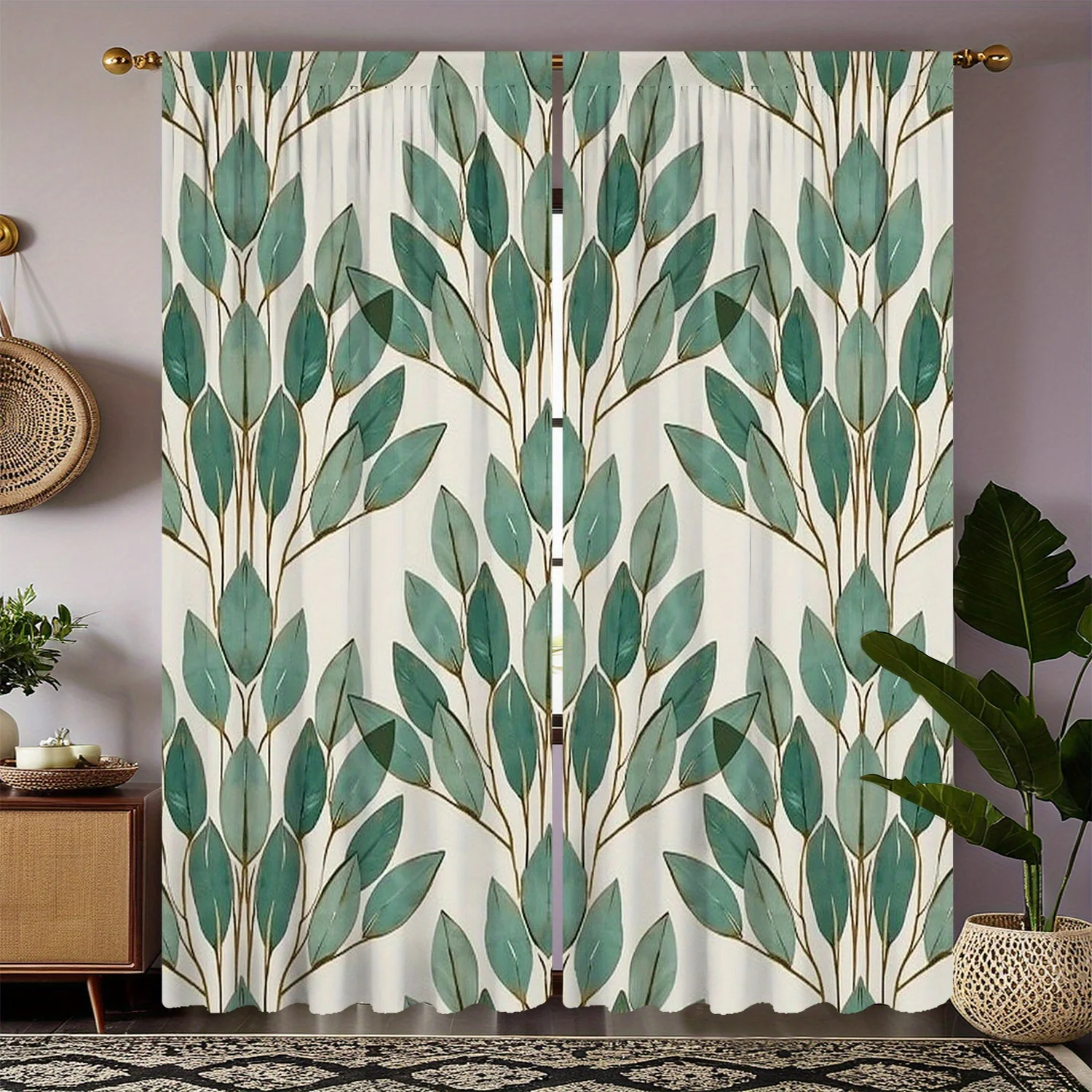 2pc Blue-green leaf print curtains, made of polyester, machine washable, suitable for bedroom and living room décor.