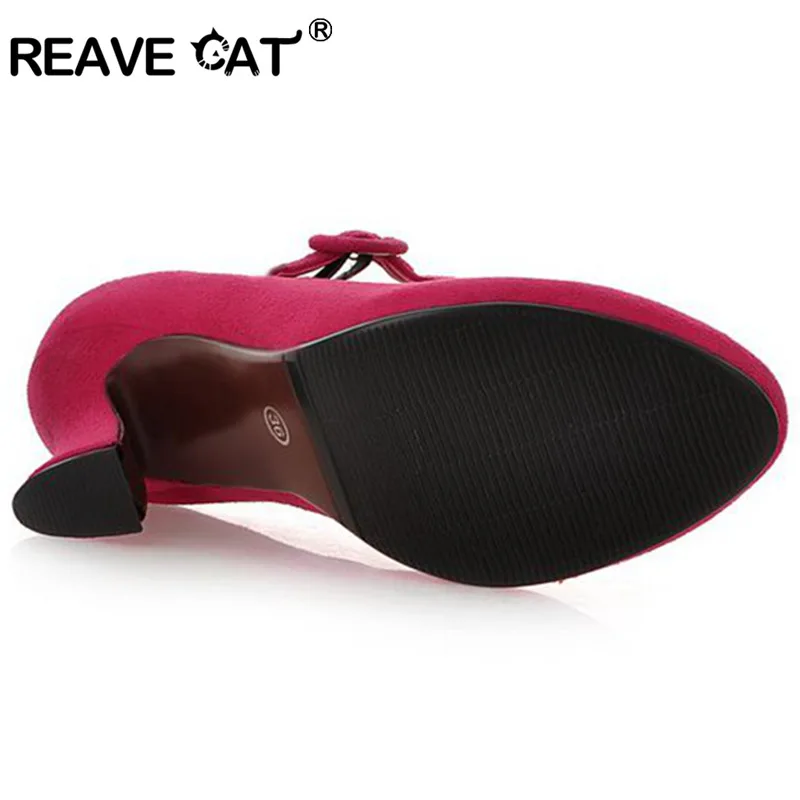 REAVE CAT Big size 34-43 Women high heels Pumps Flock Pointed toe Hoof heels Buckle Fashion Black Red Blue QL4622