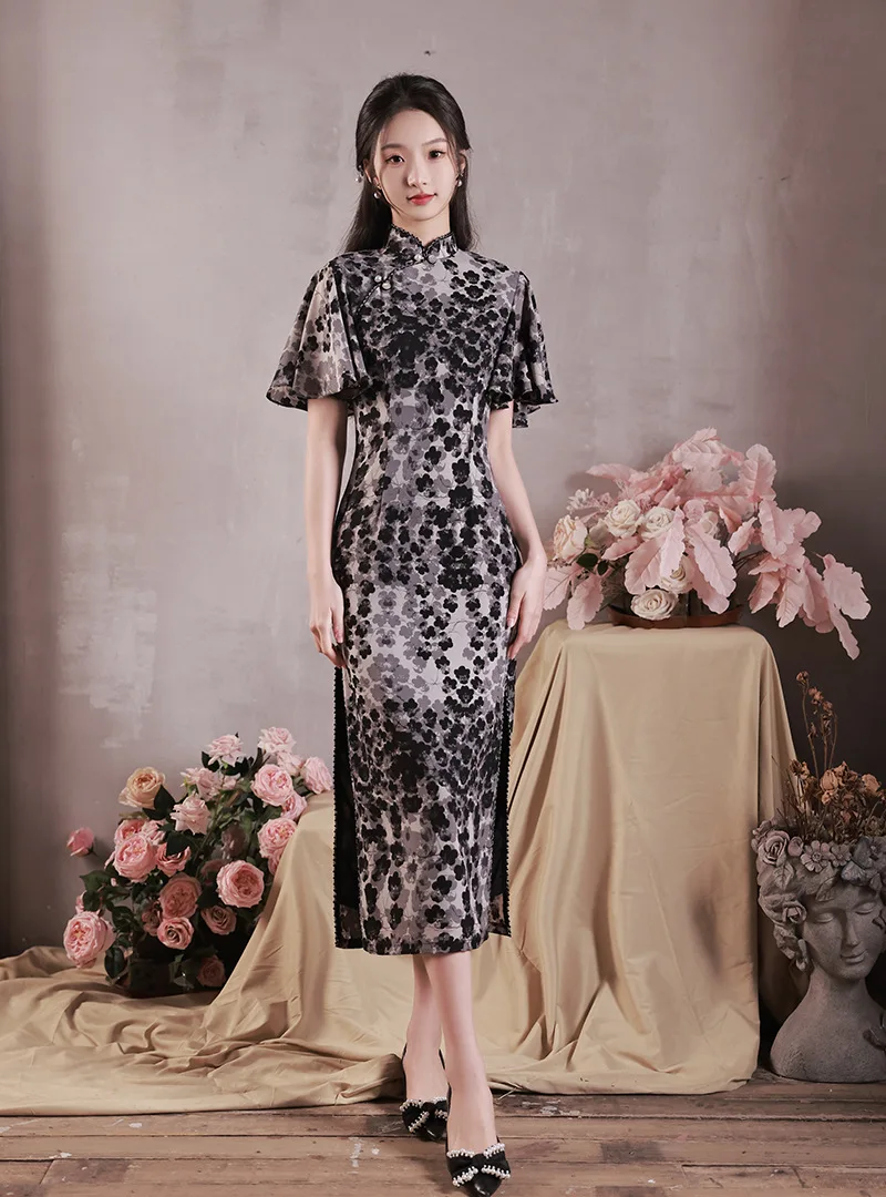 

FZSLCYIYI Improved Flying Sleeve Mandarin Collar Printed Chiffon Qipao Chinese Traditional Cheongsam Women Dresses