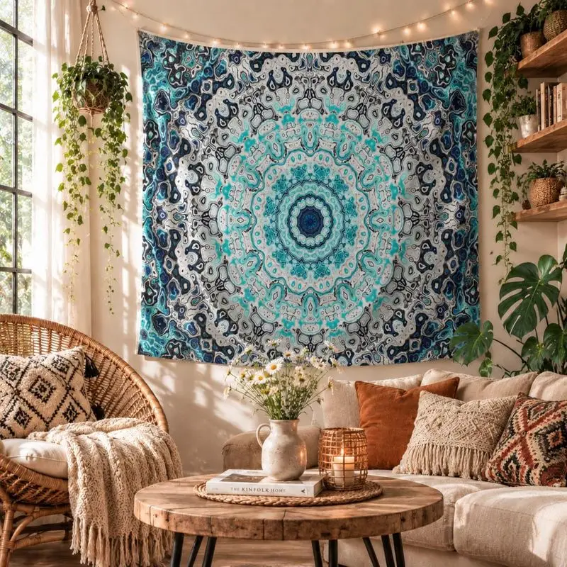 VIKAMA Wall Tapestry Boho Peacock Feather Mandala Navy Blue Art Home Decor Living Room Bedroom Dorm Aesthetic Print Soft Durable
