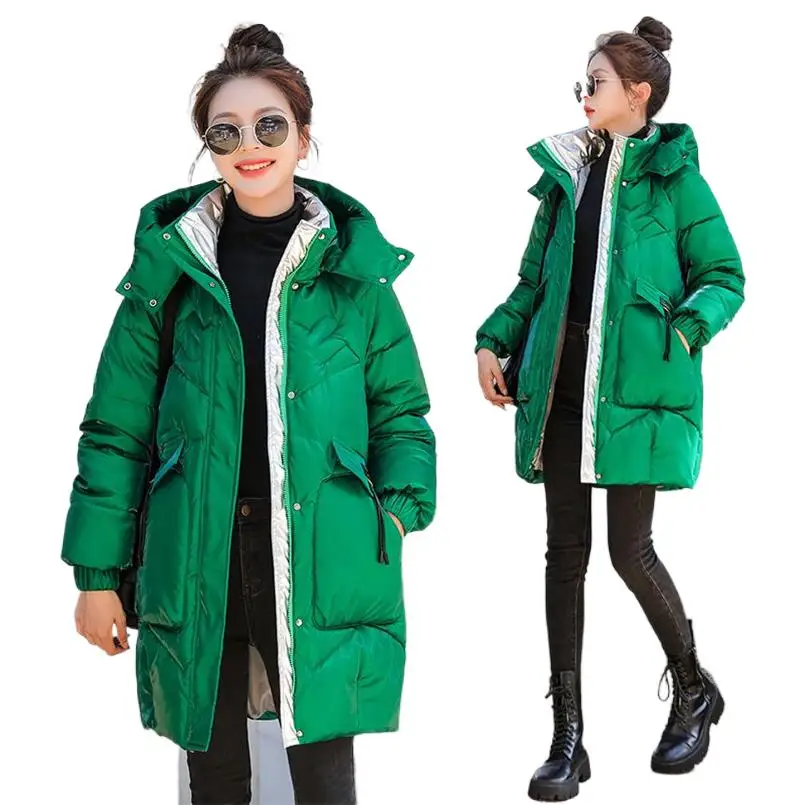 Pure Colors Hooded Long Parkas With Pocket Women Thick Down Cotton Coat Female Casual Loose Puffer Jacket Overcoat 2024 Winter