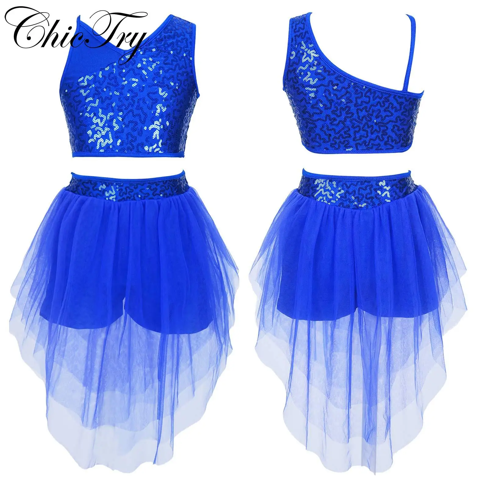 Kids Girls Sequins Ballet Dance Sets Sleeveless Crop Top with Tutu Skirt Outfit Jazz Ballroom Lyrical Dance Performance Costumes